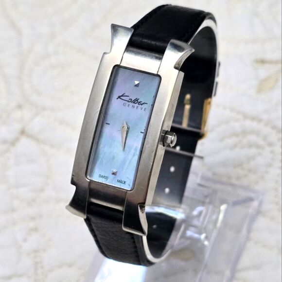 VTG Y2K Kolber Geneve Tank Watch Womens K1221 Blue Mother of Pearl Dial Swiss main image 5